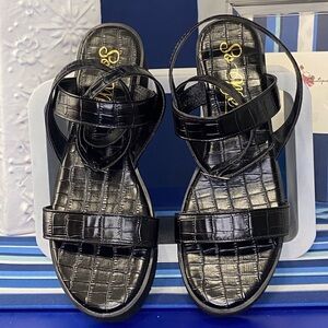 Black croc animal print platform wedge flatform ankle strap sandals Sz 10